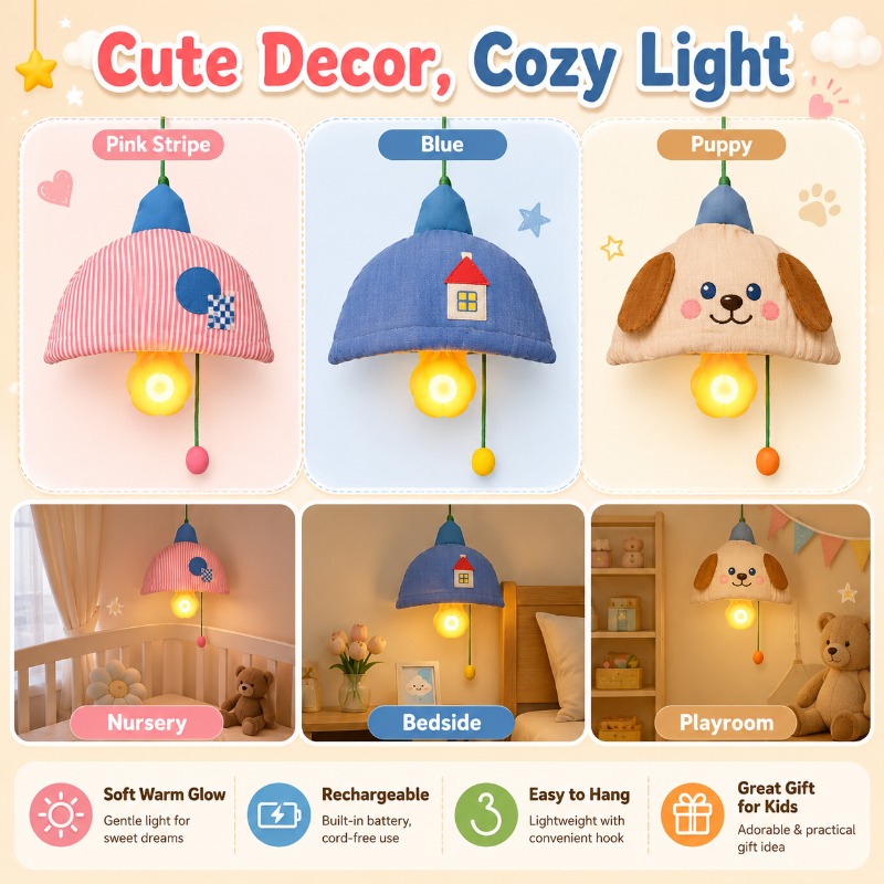 Baby Nursery Lampshade - Rechargeable Hanging Night Light Fabric Shade