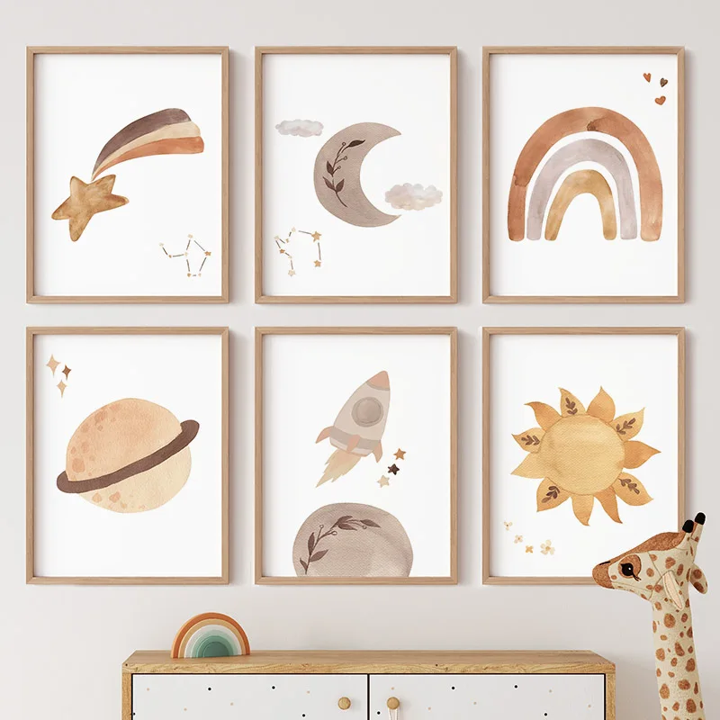 Baby Nursery Murals - Watercolor Rainbow Sun Moon Rocket Planet