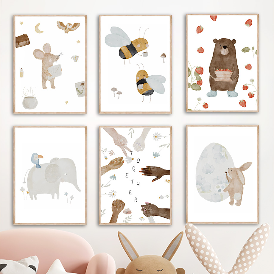 Baby Nursery Elephant - Boho Animals Friend Elephant Rabbit Bear