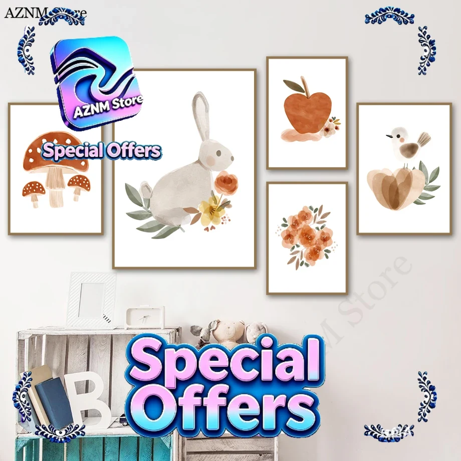 Watercolor Flower Rabbit Bird  - огляд і ціна Baby Nursery Murals