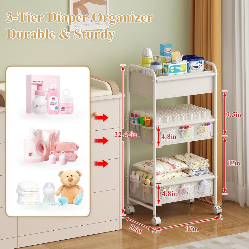 3-Tier Rolling Diaper Cart, Mu - огляд і ціна Baby Nursery Cart