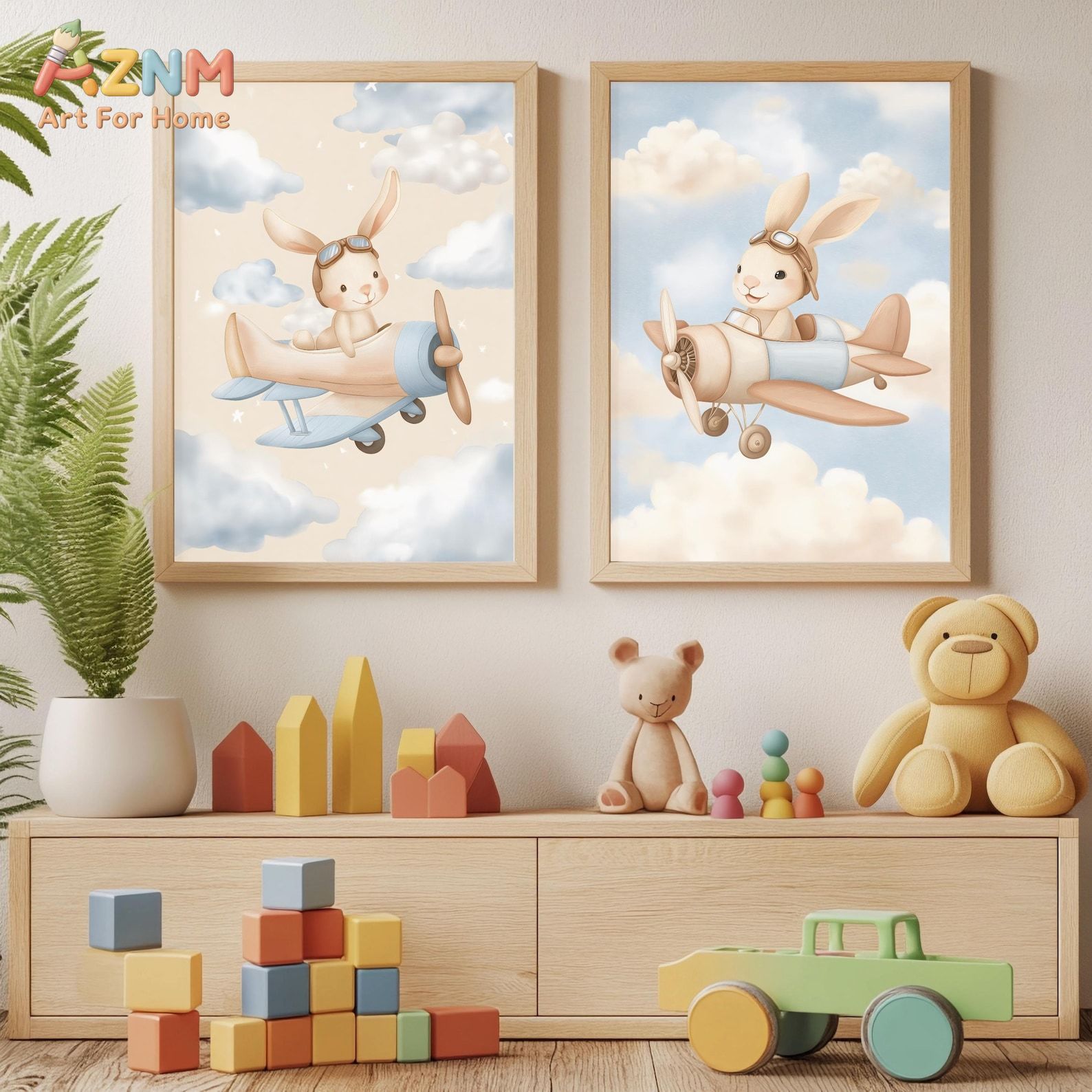 Bunny Airplane Wall Art Set of - огляд і ціна Baby Nursery Animal Theme