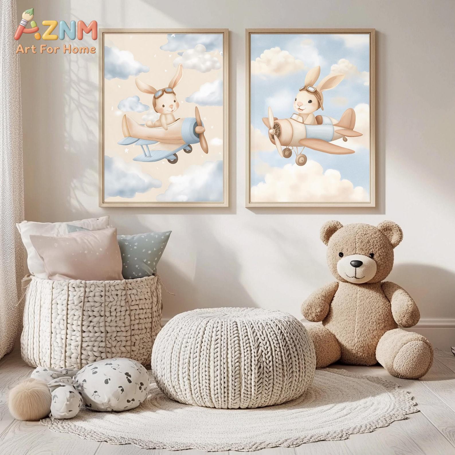 Bunny Airplane Wall Art Set of - огляд і ціна Baby Nursery Animal Theme