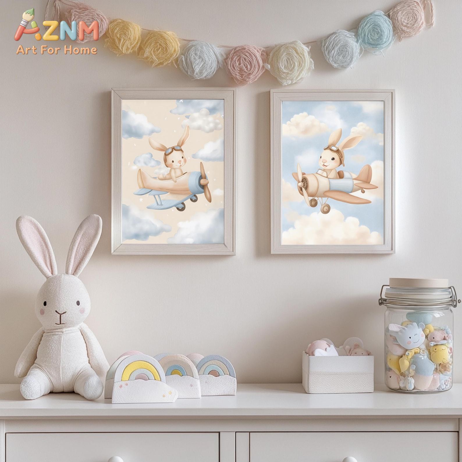 Bunny Airplane Wall Art Set of - огляд і ціна Baby Nursery Animal Theme