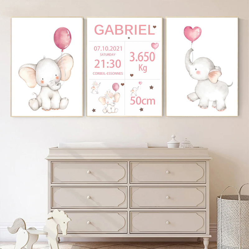 Pink Baby Customized Name Date - огляд і ціна Baby Nursery Elephant