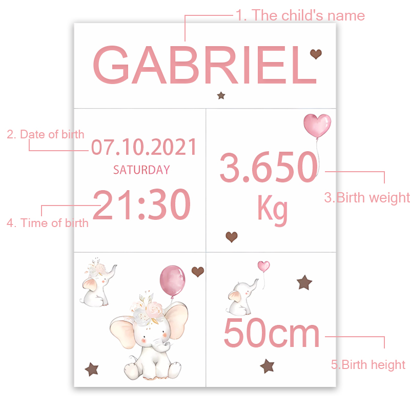 Pink Baby Customized Name Date - огляд і ціна Baby Nursery Elephant