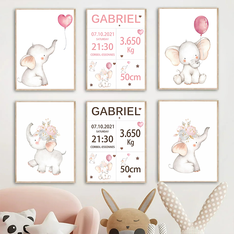 Pink Baby Customized Name Date - огляд і ціна Baby Nursery Elephant